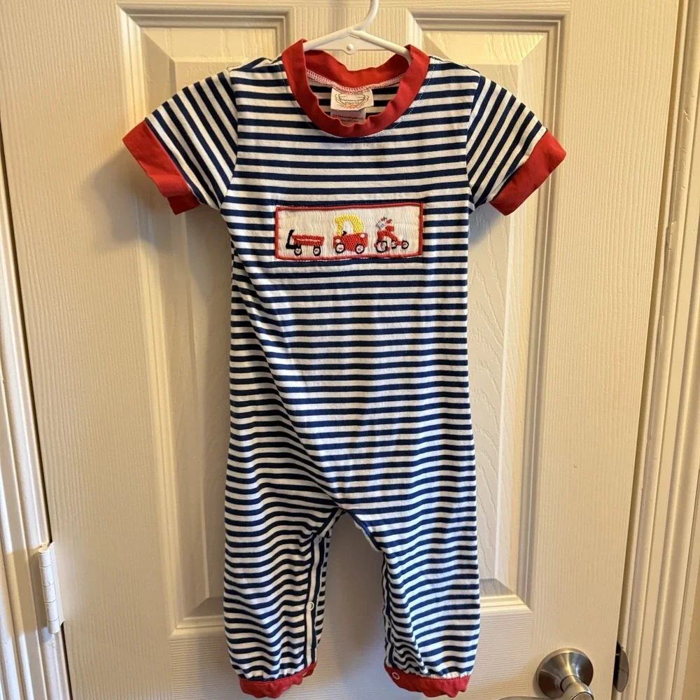 Southern Sass Smocks Smocked Coverall Longall Knit Cozy Coupe Boys Size 18 Month